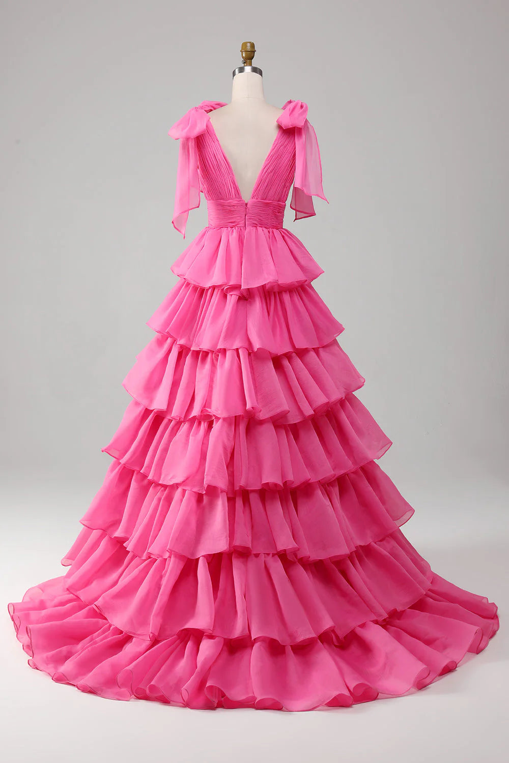 A-Line V-Neck Long Tiered Princess Fuchsia  Prom Dress With Slit